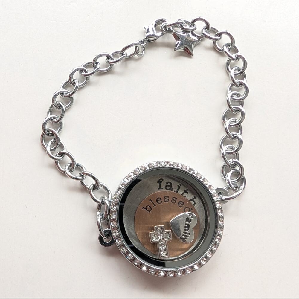 Origami Style Silver Tone Magnetic Locket Floating Charm Faith Blessed Bracelet